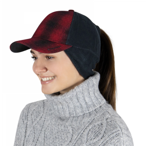 TrailHeads Women's Ponytail Hat - Plaid Winter Trucker - Red