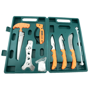 Accusharp 728C Game Processing Kit Stainless Steel Butcher Knife/Caper Knife/Gut-Hook/Bone Saw/Ribcage Spreader Orange Rubber Handle