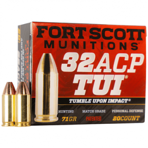 Fort Scott Munitions Tumble Upon Impact (TUI) 32 ACP 71 gr Solid Copper Spun 20 Per Box
