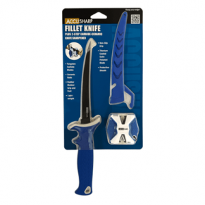 AccuSharp 736C Fillet w/Sharpener 6.50" Fixed Fillet Plain Satin Titanium Coated Stainless Steel Blade/Royal Blue Ergonomic Anti-Slip Rubber Handle Includes 2-Step Sharpener