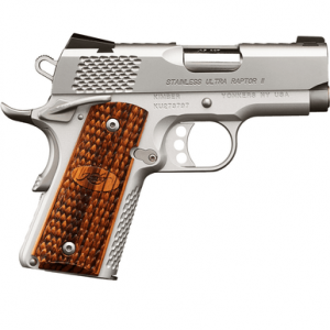 Kimber 3200374 Stainless Ultra Raptor II 9mm 8+1 3" Back Cut Serrations Stainless Steel Slide Satin Silver Round Heel Zebrawood w/ Scale Pattern and Kimber Logo Grip