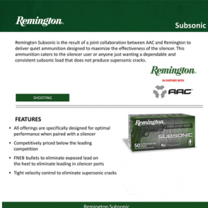 ington Ammunition 28435 Subsonic 9mmLuger 147gr Flat Nose Enclosed Base 50 Per Box Ammo