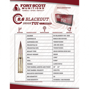 Fort Scott Munitions 86BLK285SCV2SS Tumble Upon Impact (TUI) 8.6 Blackout 285gr Solid Copper Spun 20 Per Box