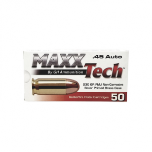 MaxxTech Brass Pistol 45 ACP - 230 Grain Full Metal Jacket - 50 Rounds Per Box, 10 Boxes Per Case - PTGB45B