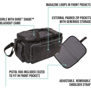 Girls With Guns 70639 Midnight Medium Size with Handgun Rug, Removable Shoulder Strap, Magazine Loops & Shade Blackout Camo 15" x 8" W x 8" H