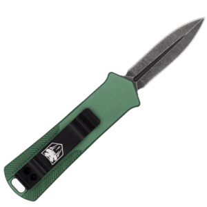 CobraTec Knives 952 Knife, 1.75" OTF Dagger Plain Stonewashed D2 Steel Blade 3" OD Green Anodized Aluminum Handle - 952ODGDAGNS