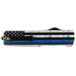 Templar Knife Premium LW We Back You Knife, Small 3" OTF Drop Point Plain Black Oxide Stonewashed D2 Steel Blade 4.50" Black & White w/Blue Line Aluminum Handle - SABTB32