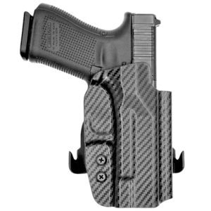 Rounded Gear Paddle Holster, OWB Black Carbon Fiber Kydex Right Hand Fits Glock 19 - GLK192332CFRHOWBPDL