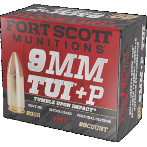 Fort Scott Munitions Tumble Upon Impact (TUI) 9mm+P 80gr Solid Copper Spun 20 Per Box
