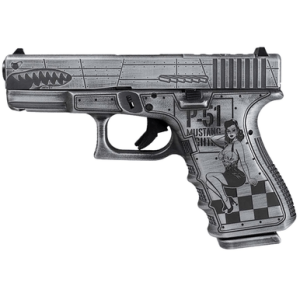 Glock G19 Gen 5 P-51 Mustang Pistol, 4.02" Black GMB Barrel Distressed Gray Cerakote Flying Tiger-Style Cut Steel Slide Bomber Engraved Polymer Frame w/Picatinny Rail Distressed Gray Textured w/Pin-up Girl Grip 15+1rd 9mm - PA195S204NP51M