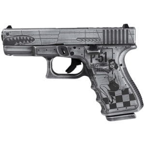 Glock G43X P-51 Mustang Pistol, 3.41" Black GMB Barrel Distressed Gray Cerakote Flying Tiger-Style Cut Steel Slide Bomber Engraved Distressed Gray Cerakote Polymer Frame Distressed Gray Textured w/Pin-up Girl Grip 10+1rd 9mm - UX4350204NP51M