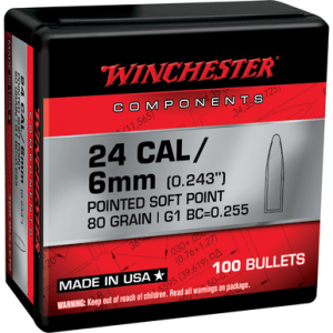 Winchester Ammo Centerfire Rifle Bullets, 80gr Pointed Soft Point 100 Per Box/10 Case 243 Win - WB243SP80X