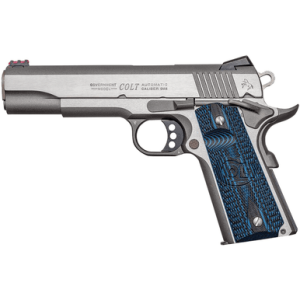 Colt Mfg Government Competition Pistol, 5" Stainless National Match Barrel Serrated Slide & Frame w/Beavertail Checkered Blue G10 Grip Ambidextrous 9+1rd 38 Super - O1073CCS