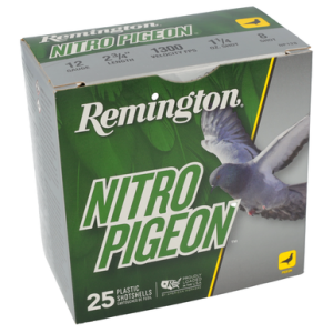 Remington Ammunition Nitro Pigeon 12 Gauge 2.75 1 1/4 Oz 8 Shot 25 Per Box R28682 ington Ammunition Nitro Pigeon 12 Gauge 2.75 1 1/4 Oz 8 Shot 25 Per Box R28682 Ammo