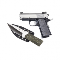 Magnum Research DE1911UTTK 1911U w/Knife 45 ACP 6+1, 3" Stainless Steel Bull Barrel, Serrated Stainless Steel Slide, Two-Tone w/Black Finish Aluminum Frame w/Beavertail, Black/Gray G10 Grip, Extended Thumb Safety, Right Hand