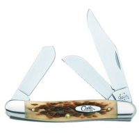 Case 00128 Stockman Medium 2.92"/2.15"/1.90" Folding Clip/Sheepsfoot/Spey Plain Mirror Polished Tru-Sharp SS Blade Peach Seed Jigged Amber Bone Handle