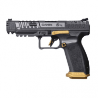 Canik HG6610TN SFx Rival Full Size 9mm Luger 18+1, 5" Black Steel Barrel, Rival Gray Ported/Serrated Slide, Rival Gray w/Gold Accents Polymer Frame w/Beavertail & Picatinny Rail, Ambidextrous