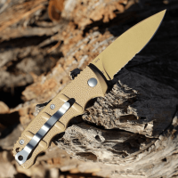 Boker Kalashnikov Knife, 3.35" Spear Point Plain/Serrated Desert D2 Steel Blade Aluminum Handle - 01KALS103