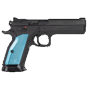 CZ-USA 91222 TS 2 40 S&W 17+1 5.28" Black Steel Barrel, Black Serrated Steel Slide, Black Polycoat Steel Frame w/Beavertail, Blue Checkered Aluminum Grip, Ambidextrous