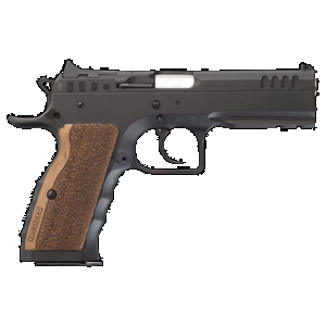 Tanfoglio IFG TFSTOCKI9 Defiant Stock I 9mm Luger Caliber with 4.50" Barrel, 16+1 Capacity, Overall Black Finish Steel, Picatinny Rail/Beavertail Frame, Serrated Slide & Wood Grip