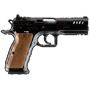 Tanfoglio IFG TFSTOCKI10 Defiant Stock I 10mm Auto Caliber with 4.50" Barrel, 13+1 Capacity, Overall Black Finish Steel, Picatinny Rail/Beavertail Frame, Serrated Slide & Wood Grip