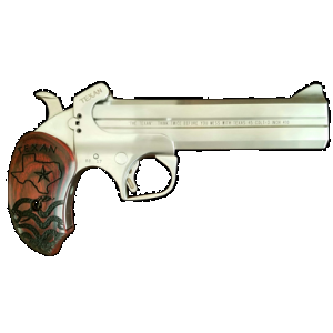 Bond Arms BATX Texan Derringer Single 45 Colt (LC)/410 Gauge 2rd, 6" Stainless Steel Double Barrel & Frame, Blade Front/Fixed Rear Sights, Custom Engraved Rosewood Grip, Manual Safety