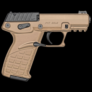 Kel-Tec P17TAN P17 Compact Frame 22 LR 16+1, 3.80" Black Steel Threaded Barrel, Tan Serrated Slide, Tan w/Black Controls Polymer Frame w/Picatinny Rail, Tan GRN Grip, Lever Safety, Ambidextrous