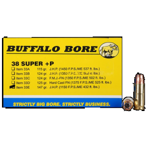 BUFFALO Bore Ammunition 33e20 Personal Defense Strictly Business 38super +p 147gr Jacket Hollow Point 20 Rounds