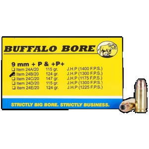 BUFFALO Bore Ammunition 24b20 Personal Defense Strictly Business 9mmluger +p+ 124gr Jacket Hollow Point 20 Rounds