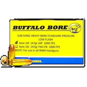 BUFFALO Bore Ammunition 24i20 Subsonic Strictly Business 9mmluger Subsonic 147gr Jacketed Hollow Point 20 Rounds