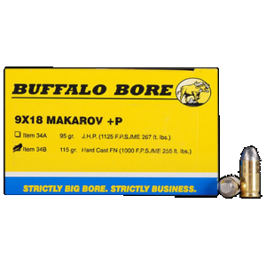 BUFFALO Bore Ammunition 34b20 Personal Defense Strictly Business 9x18makarov +p 115gr Hard Cast Flat Nose 20 Rounds