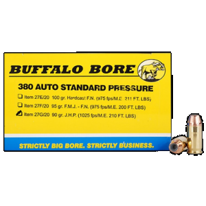 Buffalo Bore Ammunition 27G20 Standard Pressure Strictly Business 380ACP 90gr Jacket Hollow Point 20 Rounds