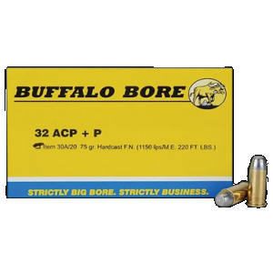 BUFFALO Bore Ammunition 30a20 Personal Defense Strictly Business 32acp +p 75gr Hard Cast Flat Nose 20 Rounds