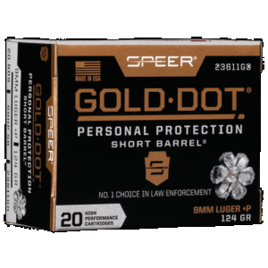 Speer Gold Dot Personal Protection Pistol Ammo 9mm +P 124 gr. HP Short Barrel 20 rd.