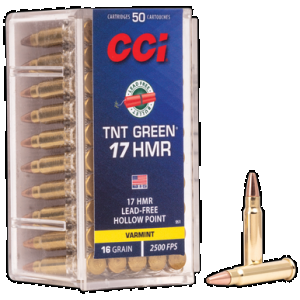 CCI Varmint Tnt Green 17 Hmr Hollow Point 16 Grain 50 Rounds