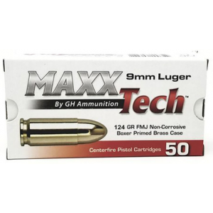 MAXXTECH Pistol Ammo 9mm 124 Gr. Fmj 50 Rd.