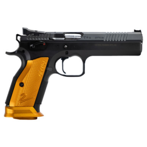 CZ-USA 91266 TS 2 9mm Luger 20+1 5.28" Stainless Bull Barrel, Black Serrated Steel Slide, Black Polycoat Steel Frame w/Beavertail, Orange Checkered Aluminum Grip