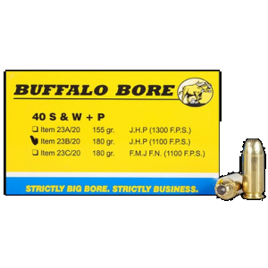 BUFFALO Bore Ammunition 23b20 Heavy Strictly Business 40s&w +p 180gr Jacket Hollow Point 20 Rounds
