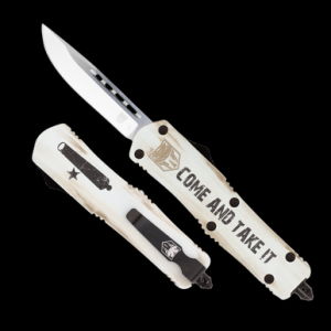 CobraTec Knives MCATIFS3DNS FS-3 Come And Take It 3" OTF Drop Point Plain 154CM SS Blade White w/"Come And Take It" Aluminum Cerakoted Handle Features Glass Breaker Includes Pocket Clip