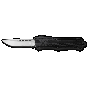 CobraTec Knives LBCTK1LDS CTK-1 Large 3.75" OTF Drop Point Part Serrated D2 Steel Blade/ Black Aluminum Handle Features Glass Breaker Includes Pocket Clip