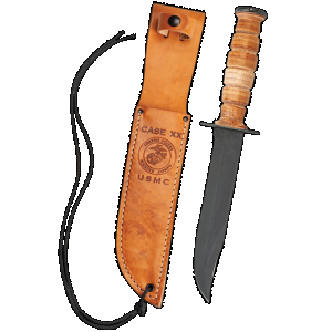 Case 00334 USMC 7" Fixed Clip Point Plain Blackened 1095 Carbon Steel Blade Grooved Leather Handle