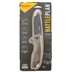 Smiths Products 50995 BattlePlan 3.35" Folding Drop Point Plain Black Stonewashed 400 SS Blade/ Desert Tan G10 Handle Includes Pocket Clip