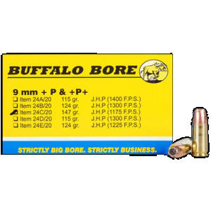 BUFFALO Bore Ammunition 24c20 Personal Defense Strictly Business 9mmluger +p+ 147gr Jacket Hollow Point 20 Per Box/12 Case