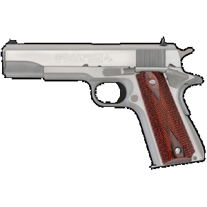 Colt Mfg O1070A1CS 1911 Government 45 ACP 8+1 5" Stainless National Match Barrel, Brushed Stainless Serrated Slide & Frame w/Beavertail, Double Diamond Checkered Wood Grip