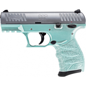 Walther Arms 5083512 CCP M2 + 9mm Luger 8+1 3.54" Barrel, Angel Blue Finish Picatinny Rail Frame, Serrated Sliver Stainless Steel Slide, Finger Grooved Polymer Grip