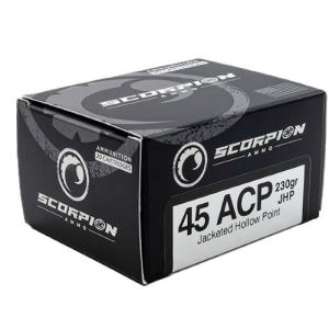 Scorpion Ammo Scorpion 45 ACP 230gr JHP 20rd Box - $15.19 at Shooting Surplus