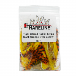 Image of Hareline Tiger Barred Rabbit Strips #1 Black Orange Over Yellow