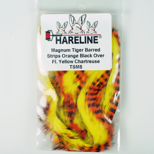 Image of Hareline Magnum Tiger Barred Strips #5 Orange Black Over Fl Yellow Chartreuse