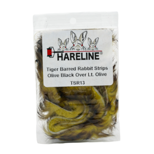 Image of Hareline Tiger Barred Rabbit Strips 13 Olive Black Over Lt Olive