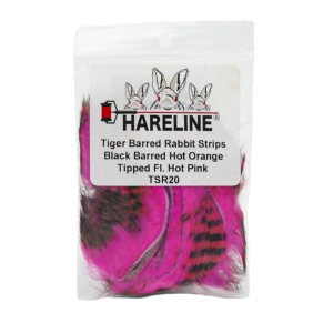 Image of Hareline Tiger Barred Rabbit Strips 20 Black Barred Hot Orange Tipped Fl Hot Pink